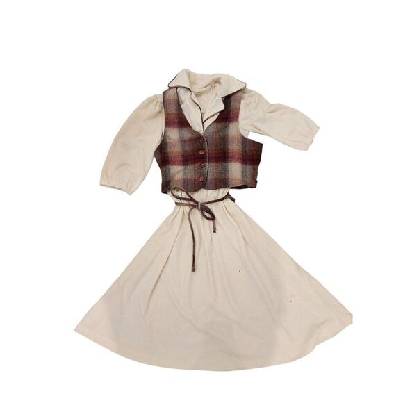 Vintage 70s Vested 3/4 Jrs Dress S Schoolgirl Preppy Modest Off White Red Plaid - Picture 1 of 6